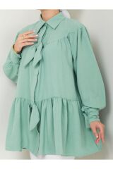 Kadın Fiyonk Detaylı Gömlek Yaka Tesettür Tunik Yeşil - L/XL