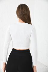 Kadın Önü Zincirli Bisiklet Yaka Crop Bluz Beyaz - L