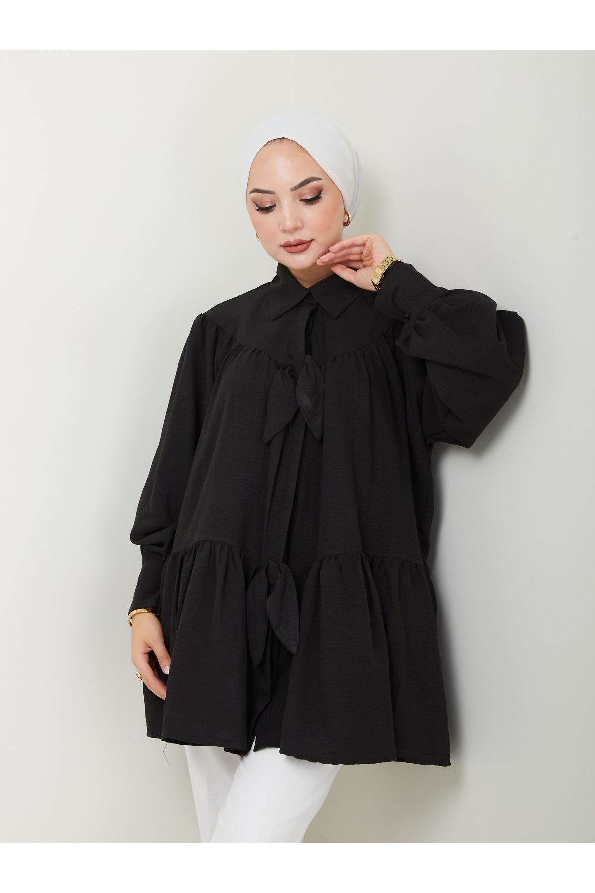 Kadın Fiyonk Detaylı Gömlek Yaka Tesettür Tunik Siyah - L/XL