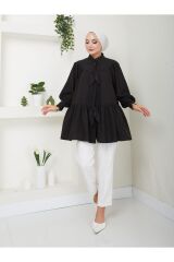 Kadın Fiyonk Detaylı Gömlek Yaka Tesettür Tunik Siyah - L/XL