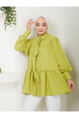 Kadın Fiyonk Detaylı Gömlek Yaka Tesettür Tunik YAĞ YEŞİLİ - L/XL