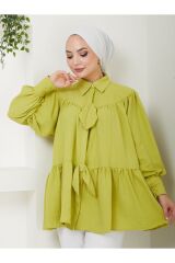 Kadın Fiyonk Detaylı Gömlek Yaka Tesettür Tunik YAĞ YEŞİLİ - L/XL
