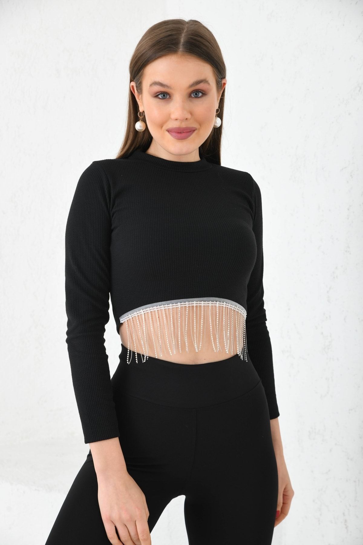 Kadın Önü Zincirli Bisiklet Yaka Crop Bluz Siyah - XL