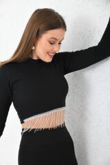 Kadın Önü Zincirli Bisiklet Yaka Crop Bluz Siyah - XL