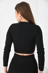 Kadın Önü Zincirli Bisiklet Yaka Crop Bluz Siyah - XL