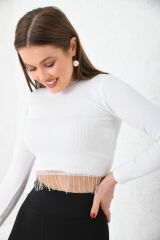 Kadın Önü Zincirli Bisiklet Yaka Crop Bluz Beyaz - S