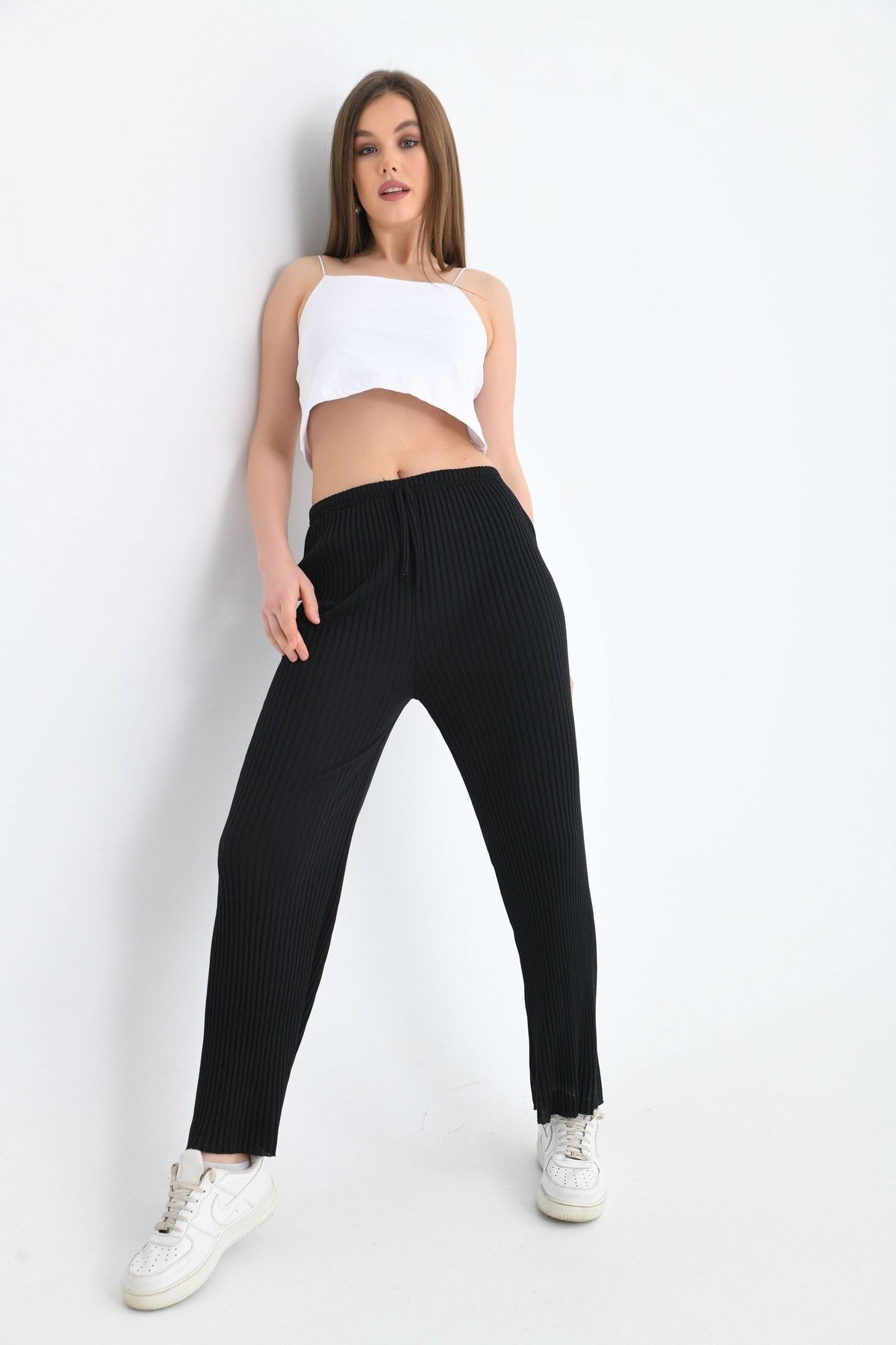 Kadın Beli Lastikli Geniş Paça Kaşkorse Pantolon