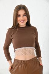 Kadın Önü Zincirli Bisiklet Yaka Crop Bluz Kahverengi - XL