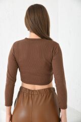 Kadın Önü Zincirli Bisiklet Yaka Crop Bluz Kahverengi - XL