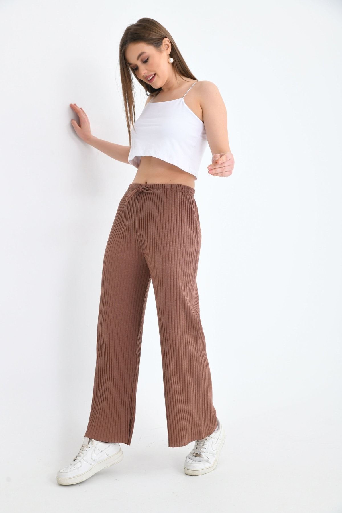 Kadın Beli Lastikli Geniş Paça Kaşkorse Pantolon Kahverengi - Standart