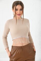 Kadın Önü Zincirli Bisiklet Yaka Crop Bluz BEJ - L