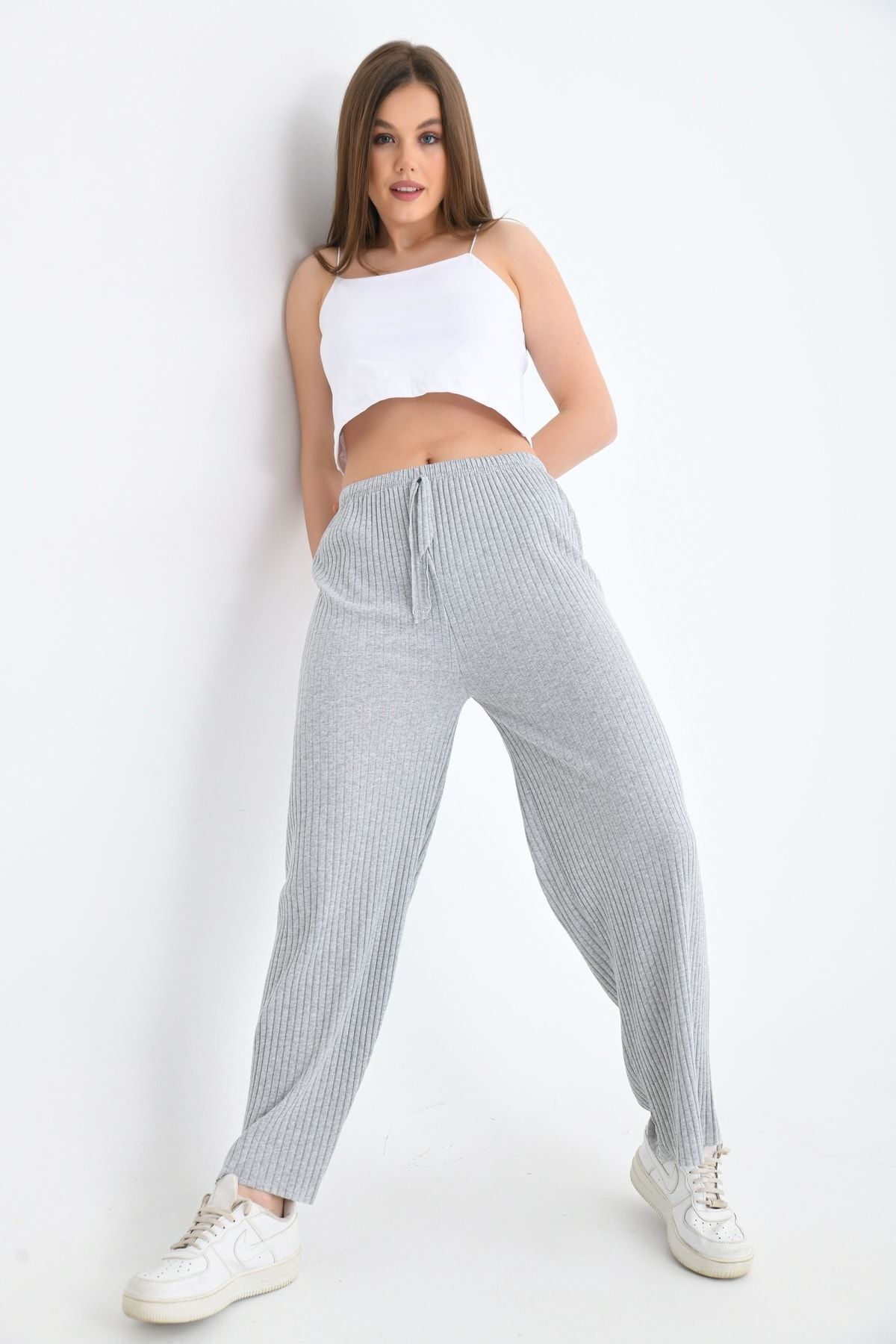 Kadın Beli Lastikli Geniş Paça Kaşkorse Pantolon Gri - Standart