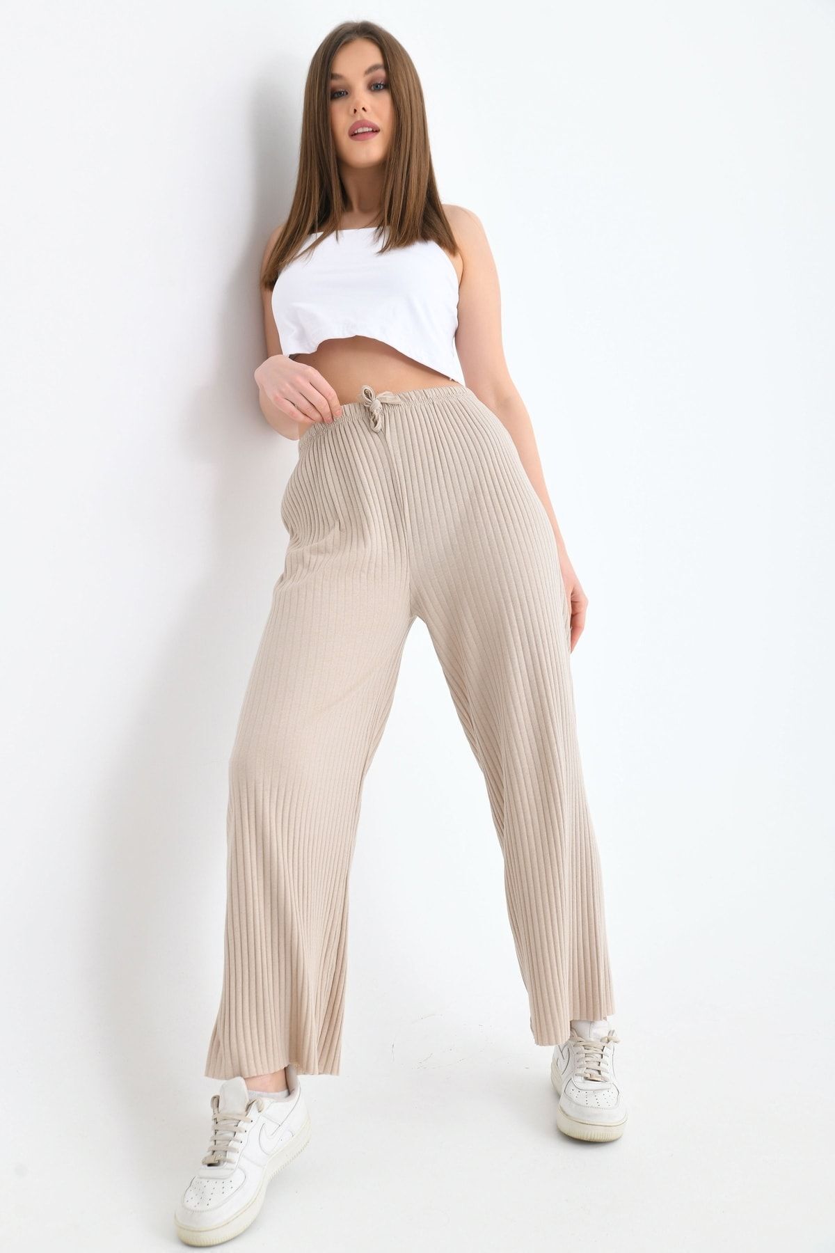 Kadın Beli Lastikli Geniş Paça Kaşkorse Pantolon Krem - Standart