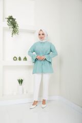 Kadın Kolu Piliseli Gömlek Yaka Tesettür Tunik Yeşil - 2XL