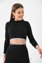 Kadın Önü Zincirli Bisiklet Yaka Crop Bluz Siyah - M