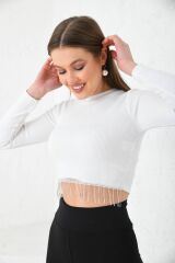 Kadın Önü Zincirli Bisiklet Yaka Crop Bluz Beyaz - M