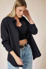 Kadın Saks Mavisi Oversize Uzun Basic Gömlek Siyah - S