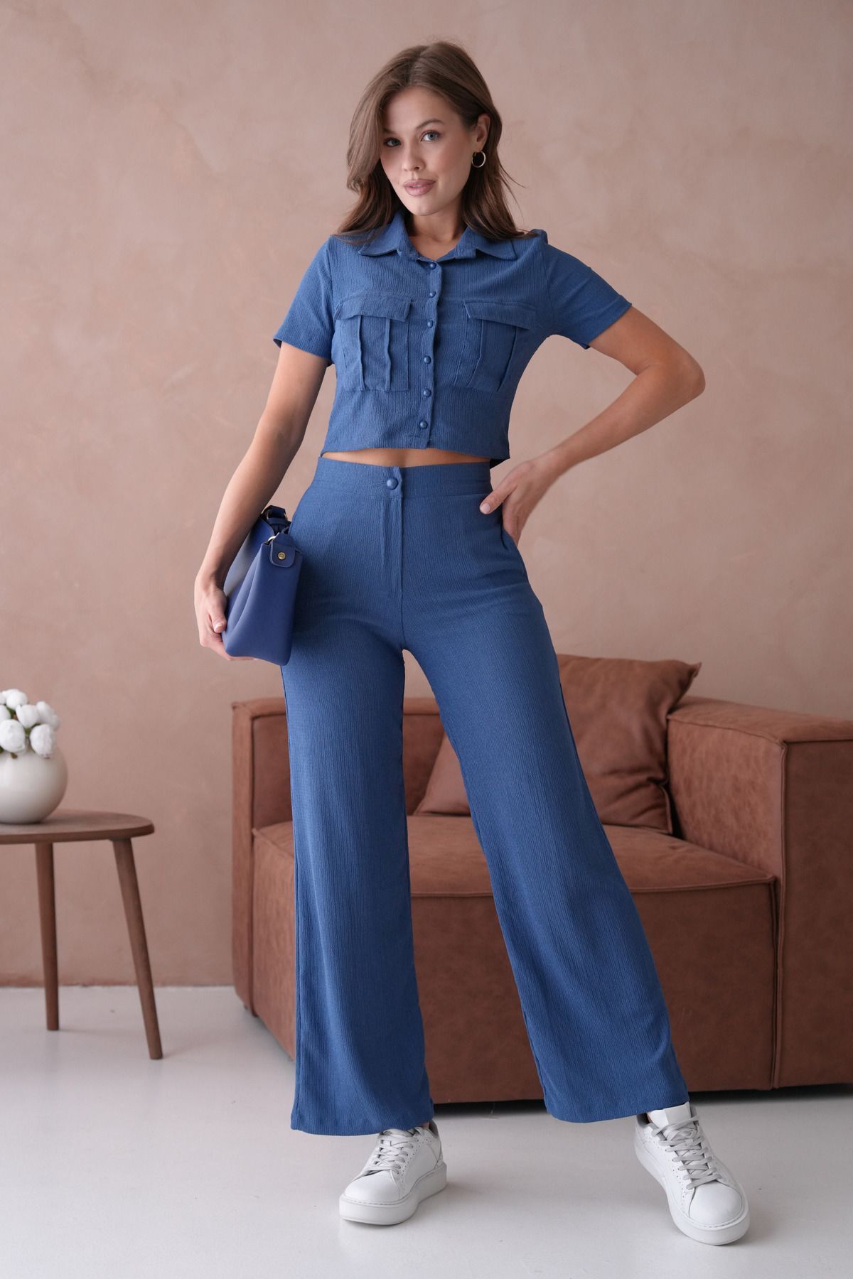Kadın Düğme Detaylı Kapaklı Pantolonlu Takım İNDİGO - XL