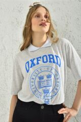 Kadın Gri Oxford Baskılı Oversize T-shirt Gri - S