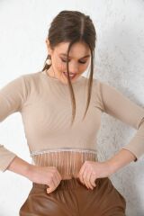Kadın Önü Zincirli Bisiklet Yaka Crop Bluz BEJ - XL