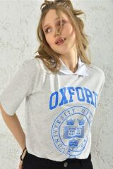 Kadın Gri Oxford Baskılı Oversize T-shirt Gri - L