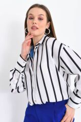 Kadın Manşet Kollu Çizgili Saten Gömlek Beyaz-Siyah - L
