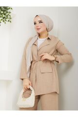 Kadın Ceketli Keten Takım Bej - 2XL