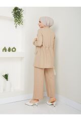Kadın Ceketli Keten Takım Bej - 2XL