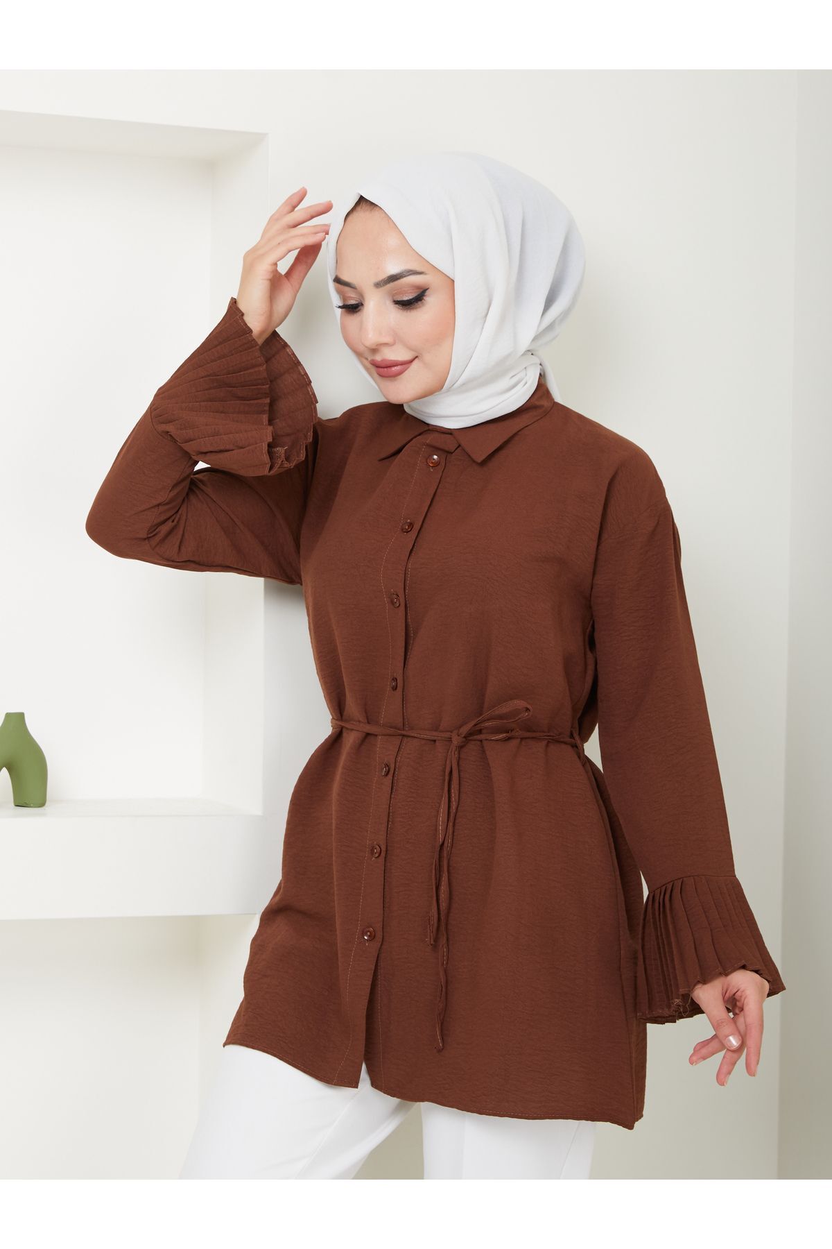 Kadın Kolu Piliseli Gömlek Yaka Tesettür Tunik Kahverengi - XL