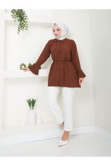 Kadın Kolu Piliseli Gömlek Yaka Tesettür Tunik Kahverengi - XL