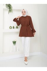 Kadın Kolu Piliseli Gömlek Yaka Tesettür Tunik Kahverengi - XL
