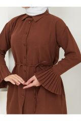 Kadın Kolu Piliseli Gömlek Yaka Tesettür Tunik Kahverengi - XL