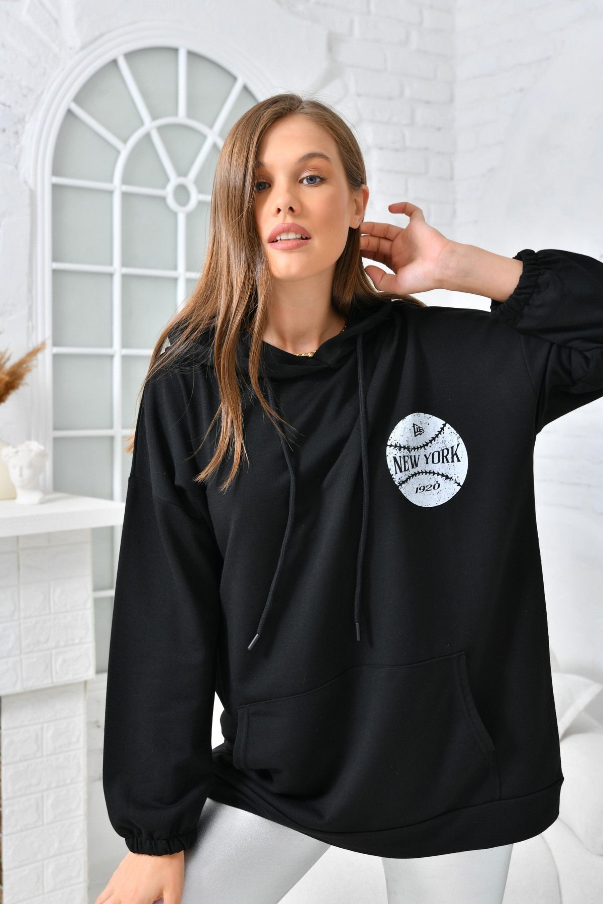 Kadın Newyork Baskılı Cepli Sweatshirt Siyah - 38