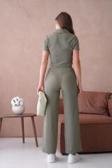Kadın Düğme Detaylı Kapaklı Pantolonlu Takım Haki - XL