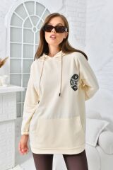 Kadın Newyork Baskılı Cepli Sweatshirt Bej - 40