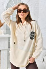 Kadın Newyork Baskılı Cepli Sweatshirt Bej - 40