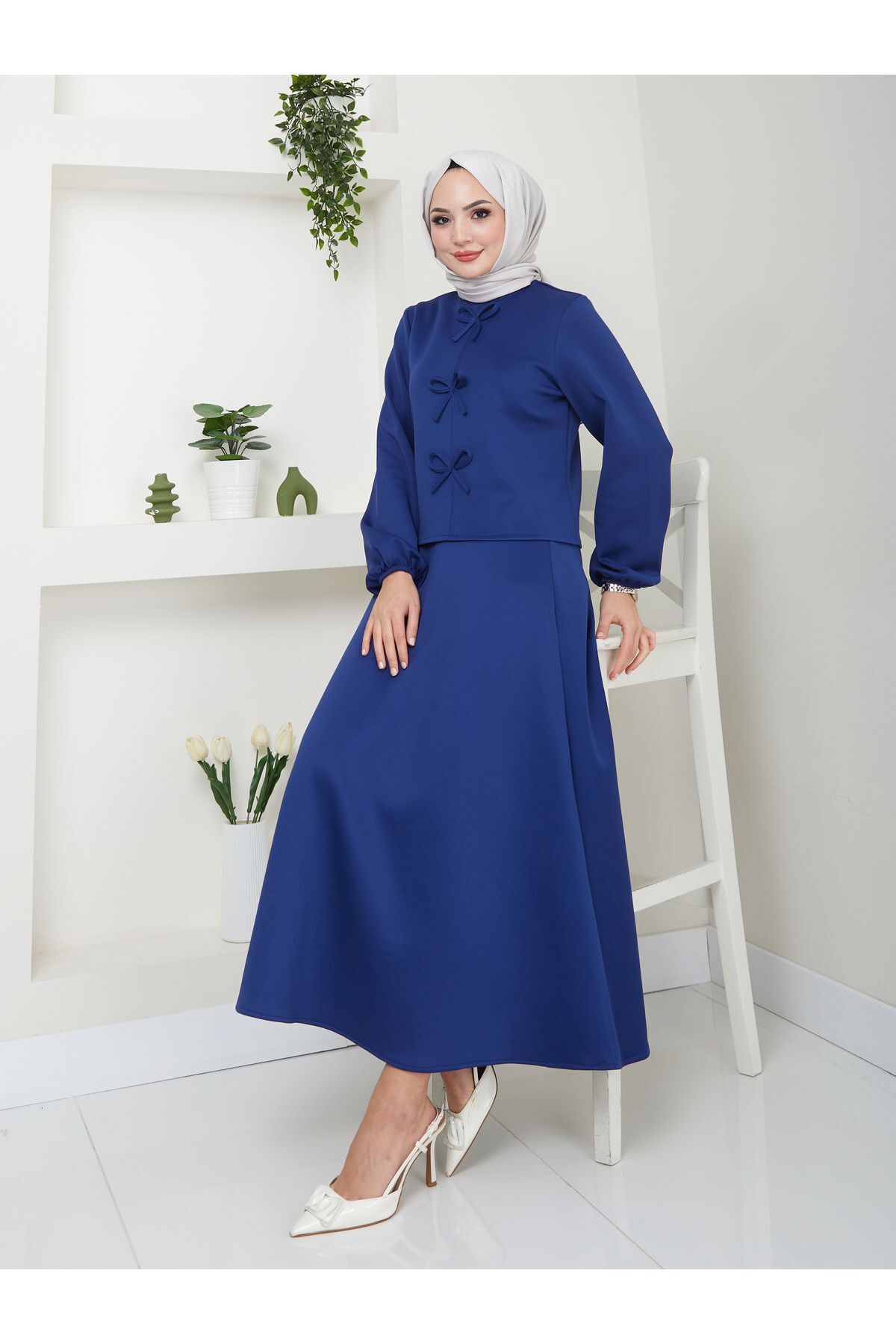 Kadın Fiyonk Detaylı Etekli Takım Lacivert - 2XL