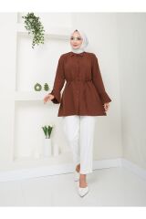 Kadın Kolu Piliseli Gömlek Yaka Tesettür Tunik Kahverengi - 2XL