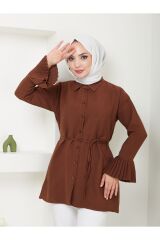 Kadın Kolu Piliseli Gömlek Yaka Tesettür Tunik Kahverengi - 2XL