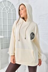 Kadın Newyork Baskılı Cepli Sweatshirt Bej - 38