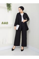 Kadın Ceketli Keten Takım Siyah - 2XL