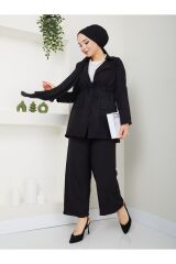 Kadın Ceketli Keten Takım Siyah - 2XL