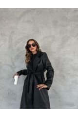 Kadın Kuşaklı Astarli Deri Trençkot Siyah - XL